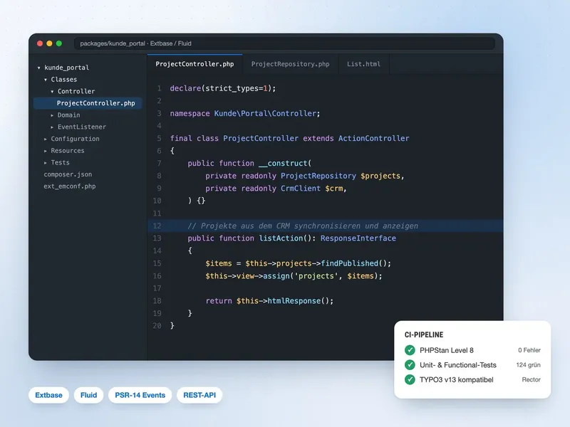 Code-Editor mit dem Extbase-Controller einer individuellen TYPO3-Extension
